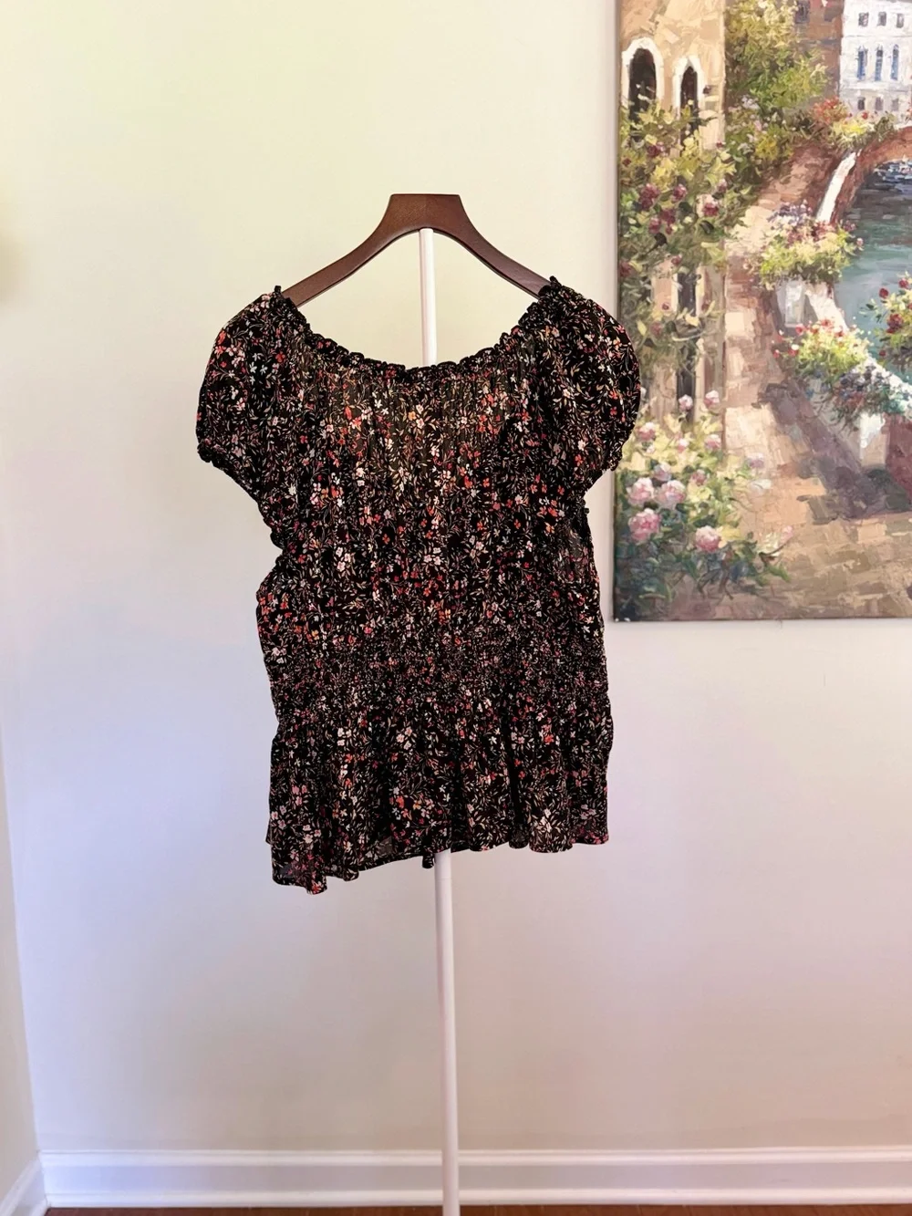 Old Navy Black Floral Puff Sleeve Smocked Peplum Blouse XL Cottagecore Top